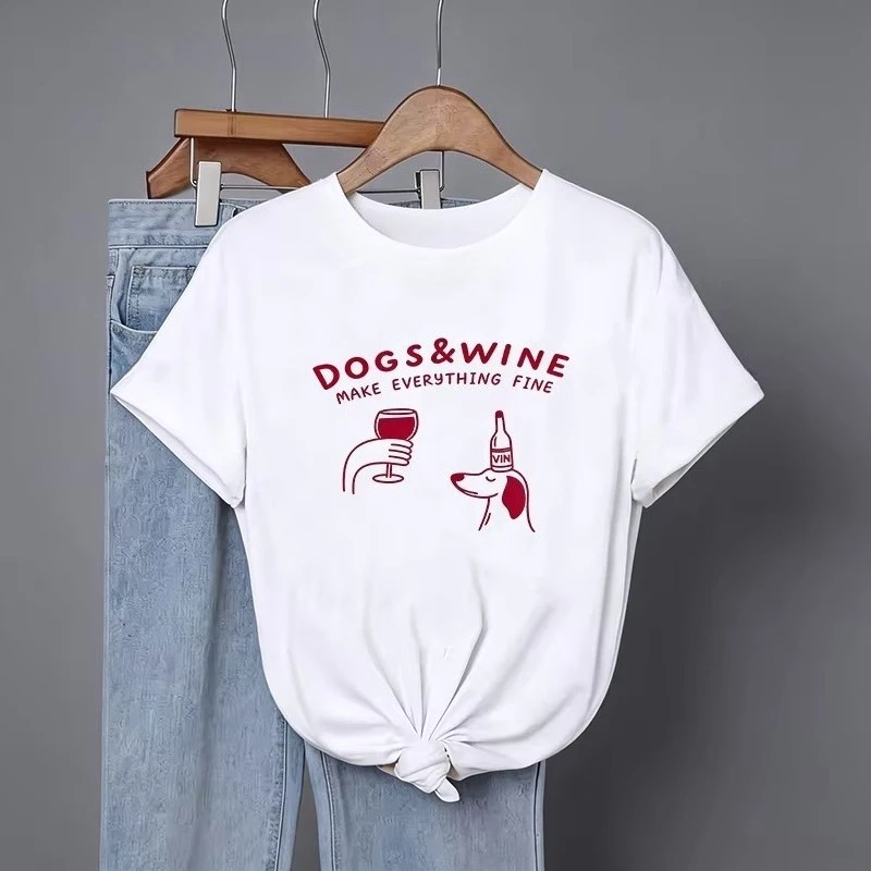 Women's Funny T Shirt with Trendy Cartoon Puppy and Red Wine Pattern Letter Print 90s Casual Summer Short Sleeve Tshirt Clothes