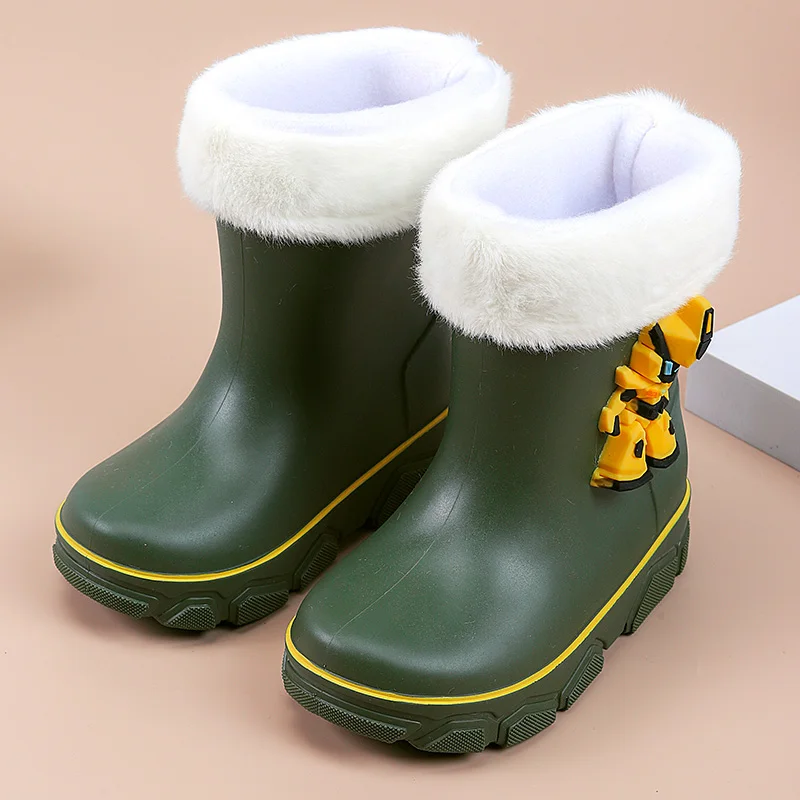 Winter Solid Children Rain Boots Waterproof Detachable Warm Plush Slip On Boys Girls Water Shoes Cute Non Slip Kids Rainboots