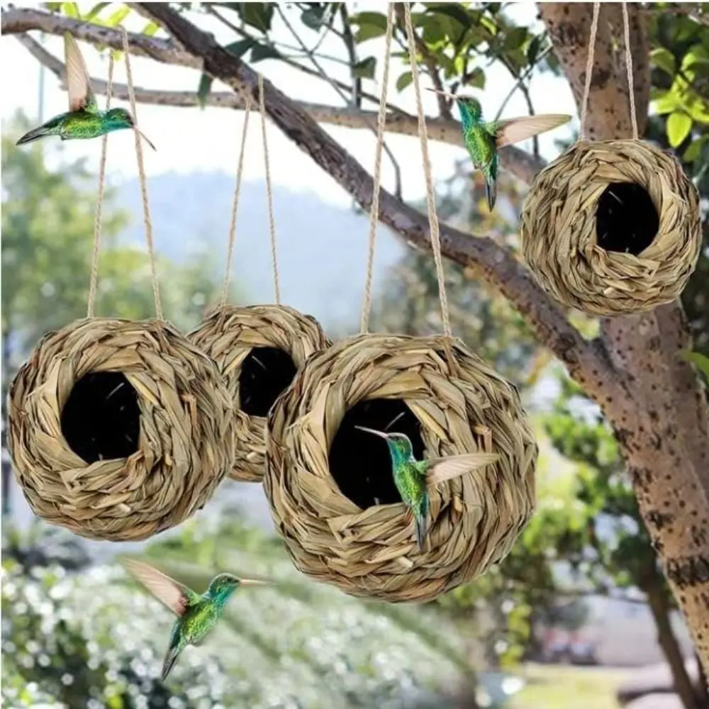 Natural Reed Grass Bird Nest Spherical Hummingbird Birdhouse For Outside Hanging Grass Hand Woven Bird For Yard Decoration