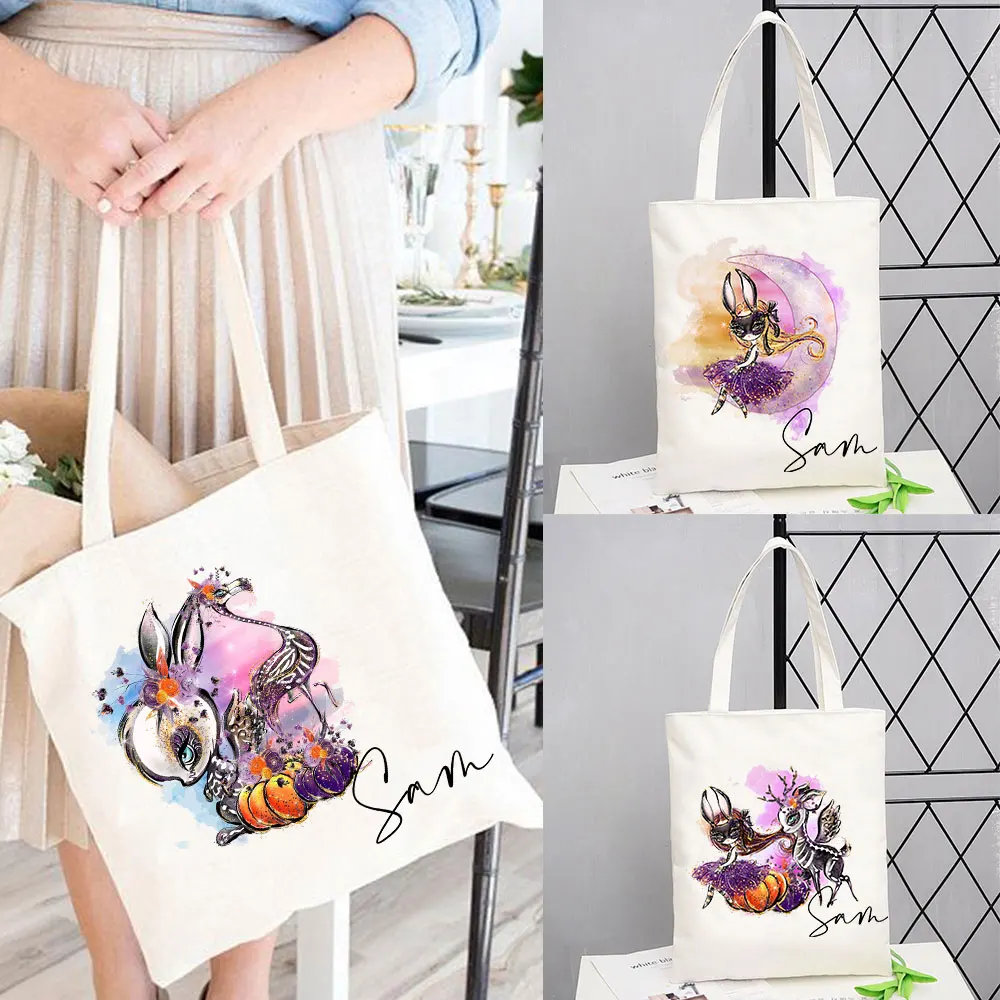 Aesthetic Reusable Shopping Bag Halloween Gift Tote Bag for Kids Trick or Treat Gift Name Customization Cute shopper Canvas Bag