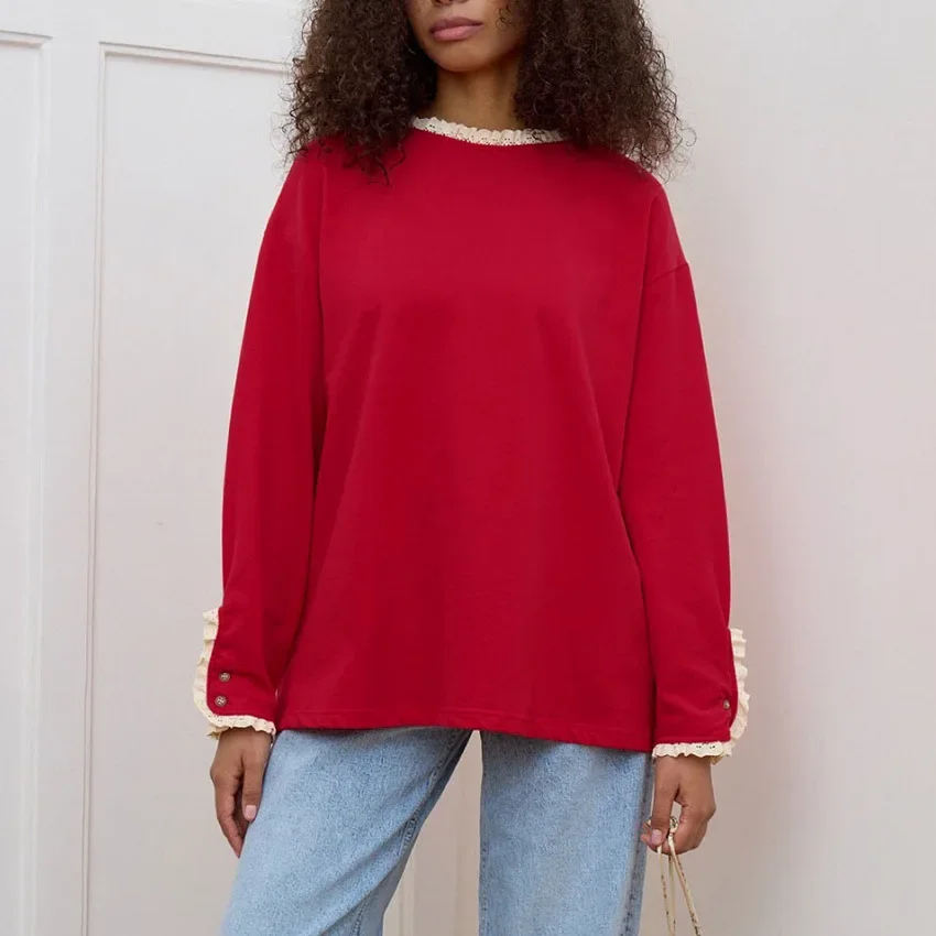بلوزات نسائية غير رسمية بأكمام طويلة باللون الأحمر مع قلنسوة للخريف والشتاء بلوزات كبيرة الحجم من الدانتيل بلوفر نسائي ملابس يومية #2