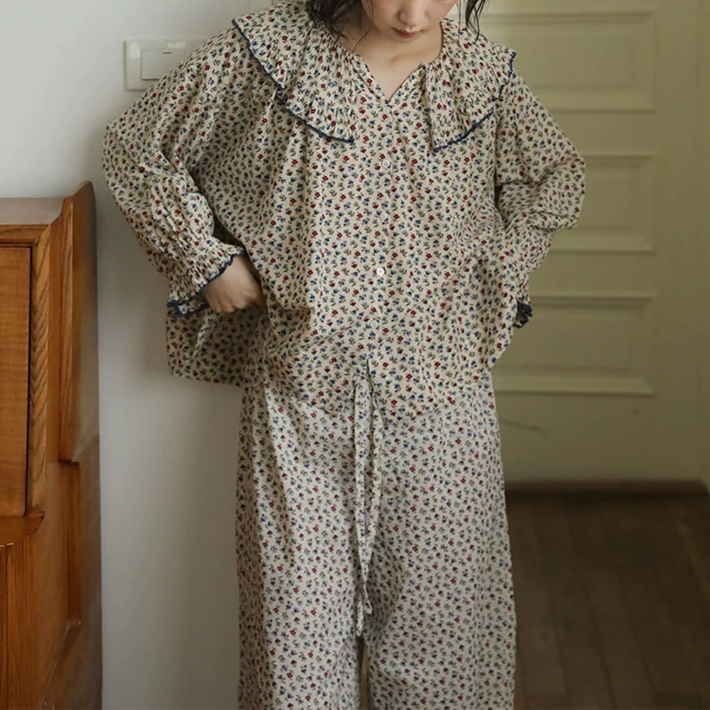 2026 New Women's Loose Fit Pajamas Set 2 Pieces French-style Sweet Floral Ruffled Printed HomeWear Pure Cotton Pyjama Loungewear