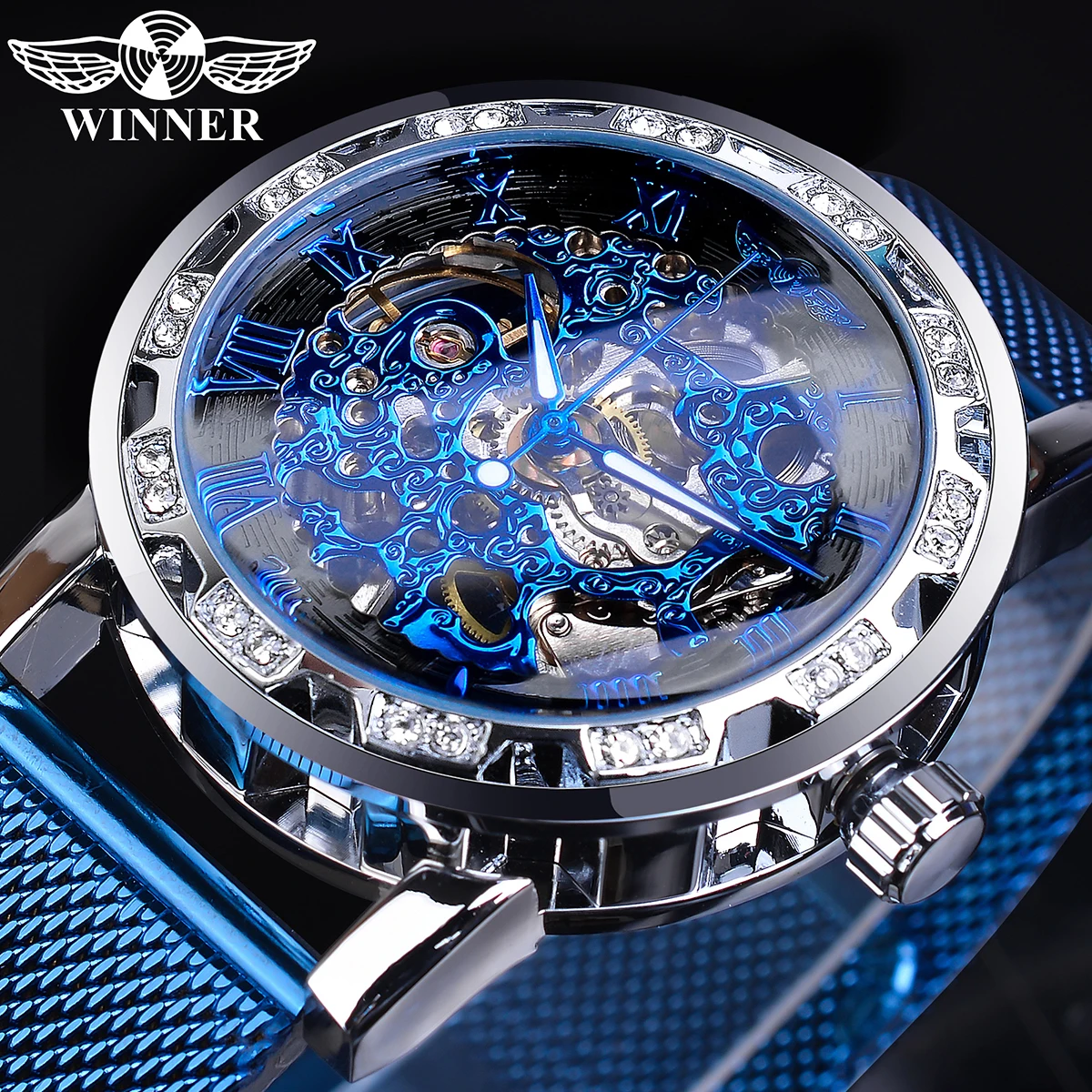 Winner Top Fashion Brand Man Mechanical Skeleton Watch Diamond Display Blue Steel Classic Gear Movement Men Business Wristwatch