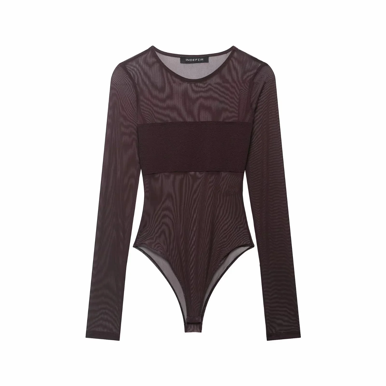 Vrouwen sexy mesh doorzichtige bodysuit dames pure bodysuits met lange mouwen O-hals bodycon jumpsuit vrouwelijke romper
