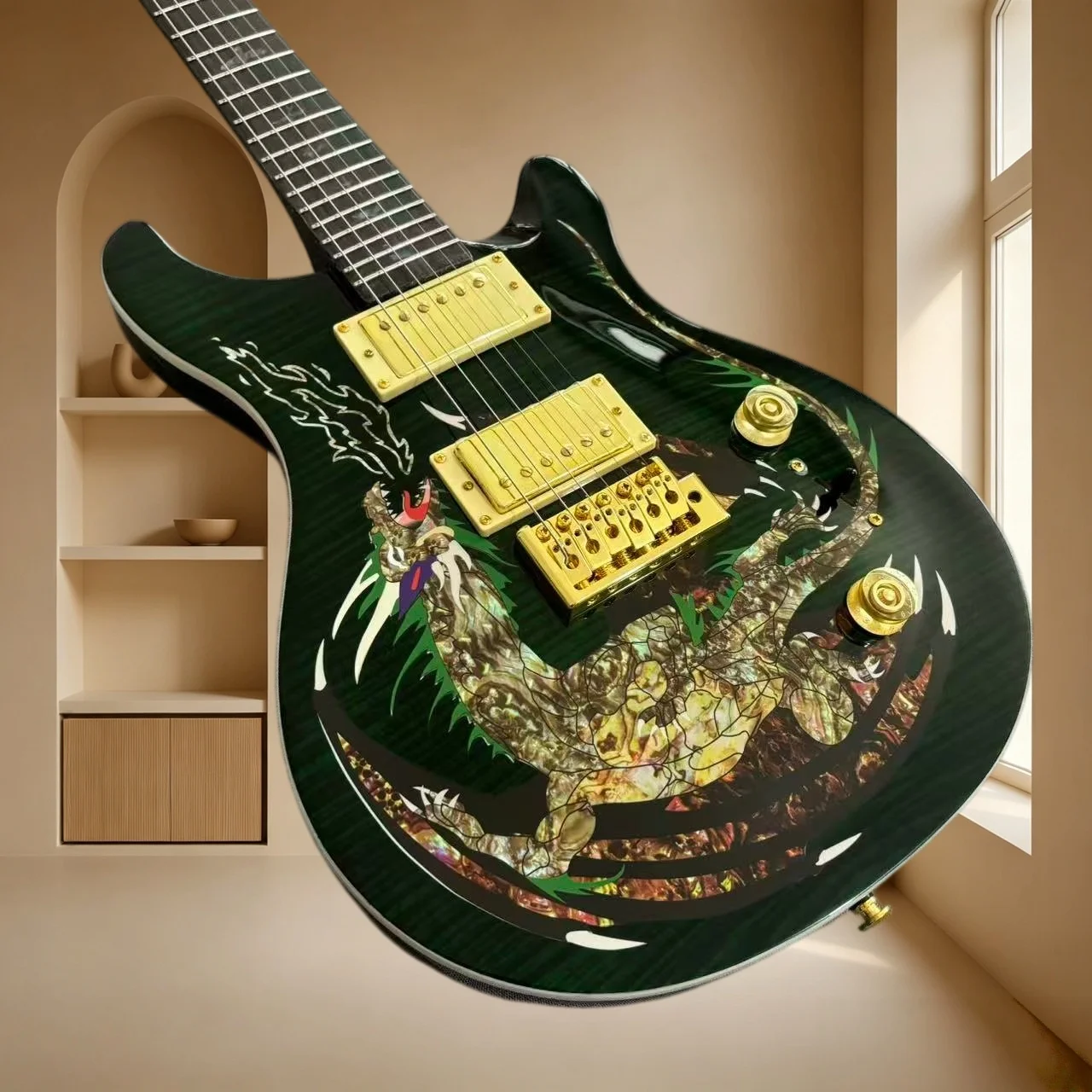 Dark Green Dragon Inlay PRS Style Electric Guitar Mahogany Body Gold Hardware Tremolo System Collectible Guitar Free Shipping