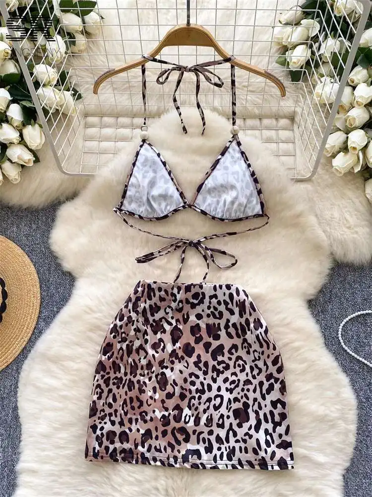 BabYoung Leopard Sexy Beach Two Piece Sets Women Lace Up Design Camisole+Slim Fashion Skirt 2024 Newest Hot 2Pcs Suit
