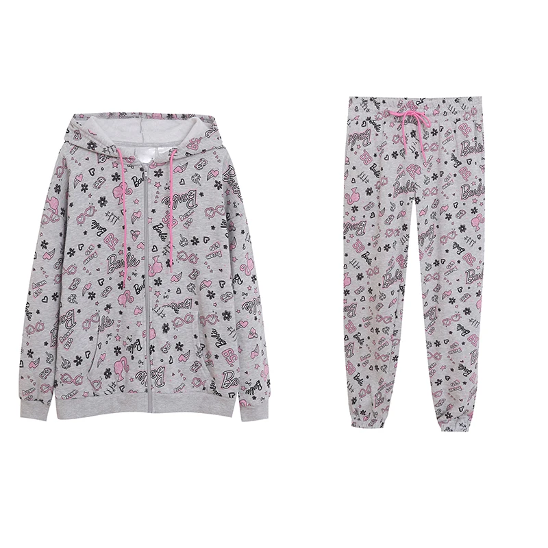 

Cute Cartoon Print Hooded Zipper Sweatshirt Set with Side Pockets Sweet Style Women's Fashion Winter Thickened Cotton Blend