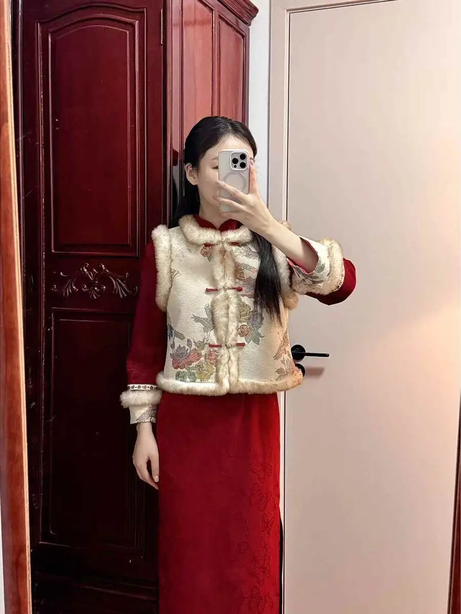 

Winter Thiened Fce Flag Robe Set Red Adult Women's Faion Ensemble Long Sve Traditional Chinese Sle New Arrival