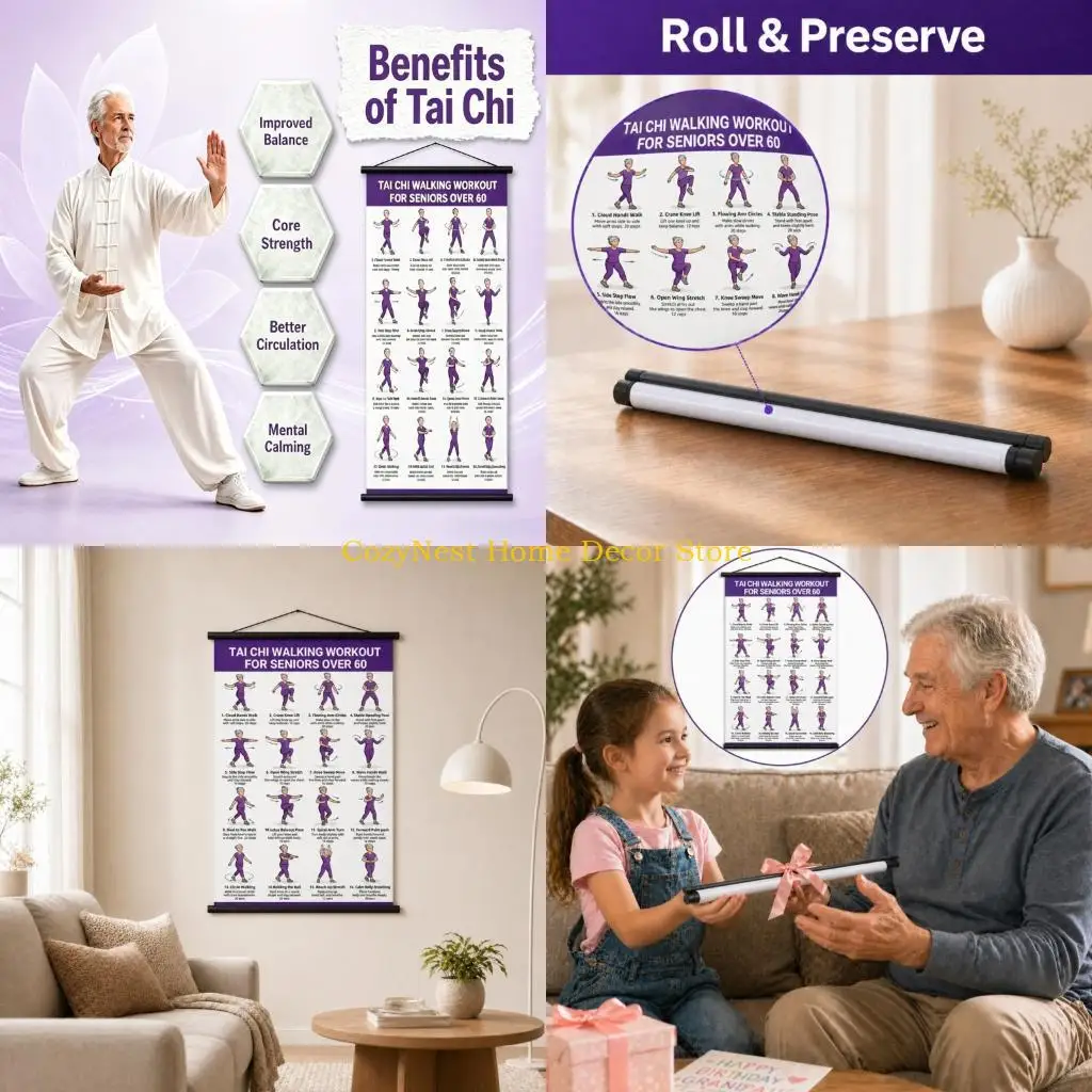 92MF Taiji Walking Workout Guide Poster, Age 60+ Wall Chart with 16 Illustrated Forms