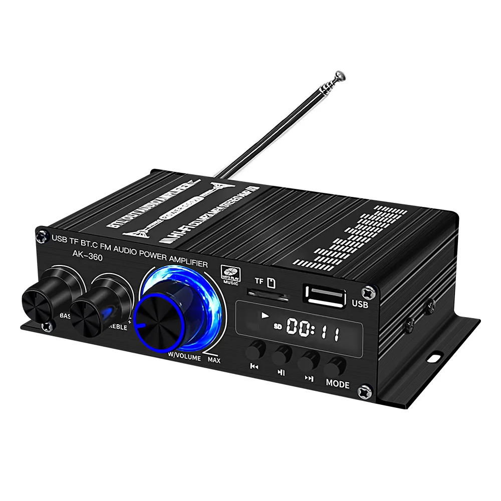 AK-360 Bluetooth 5.0 Car Home Audio Power Amplifier 2.0 Channel Home Mini Hi-Fi Class AB Amplifier with Bass and Treble Controls