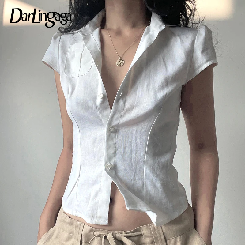 Darlingaga Fashion Chic White Slim Women Blouse Top Short Basic Solid Buttons Puff Sleeve French Korean Shirt Girls Kawaii 2025