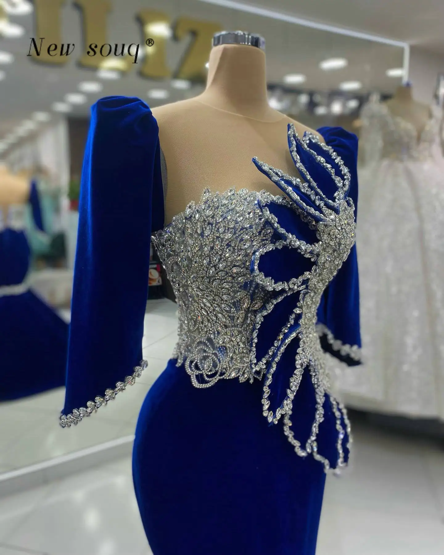 Dubai Royal Blue Mermaid Evening Dresses with Sparkle Silver Crystals Arabic Formal Wedding Dinner Party Gowns Prom Vestidos