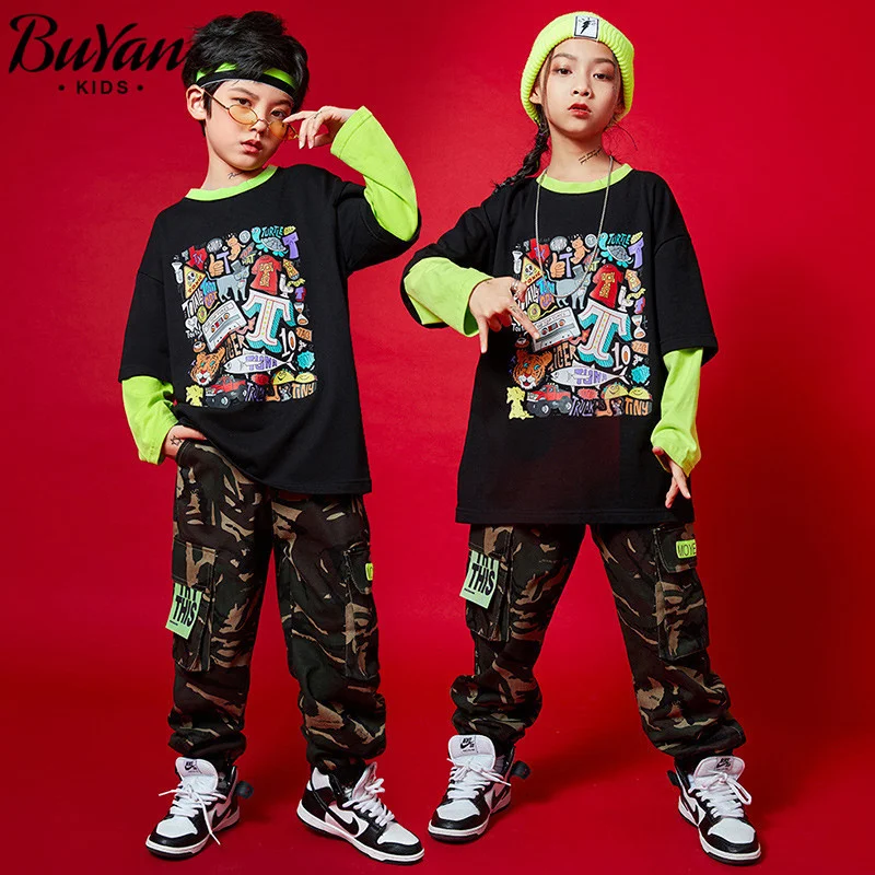 Hip hop children's trendy clothes hip hop girls' round neck sweater loose boys' camouflage pants girls' trendy hip-hop suit