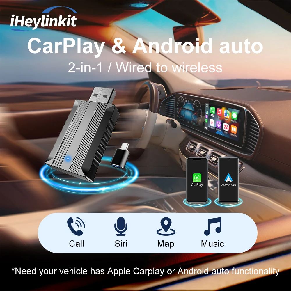 

iHeylinkit NEW 2in1 Wired to Wireless CarPlay Android Auto Adapter for OEM Car Stereo With USB Plug and Play
