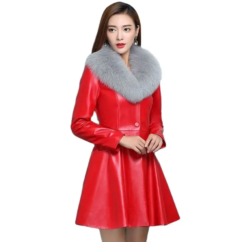 2023Winter Women Pu Leather Coat Mid-Long Big Fur Collar Fashion Thicken Warm Jacket Women Faux Leather Jacket Female Windbreake