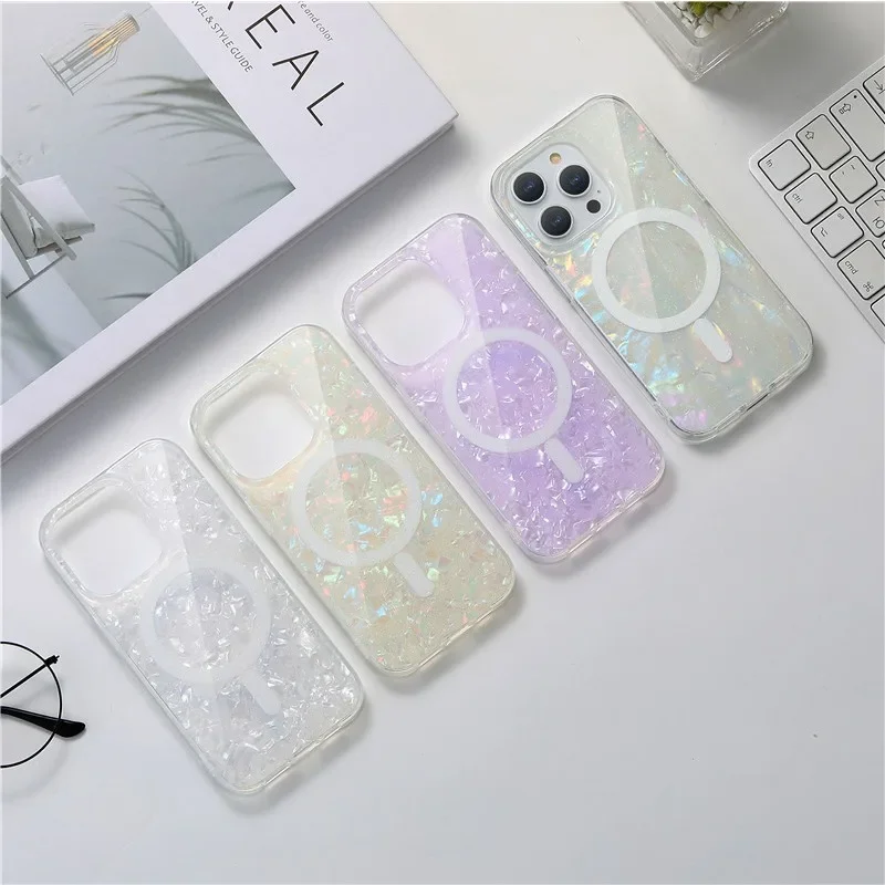 Suitable for Apple IPhone15 14Plus Women Simple All-inclusive Phone Case IPhone 13 12Pro Max Glitter Shell Pattern Magnetic Case