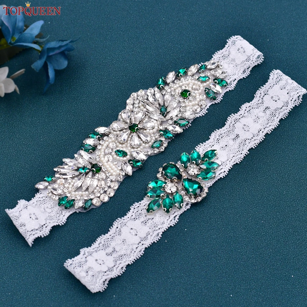 TOPQUEEN sexy thigh Garters belt Green Rhinestones Bridal lace suit leg ligueros wedding cinta liga porte jartelle novia THS22