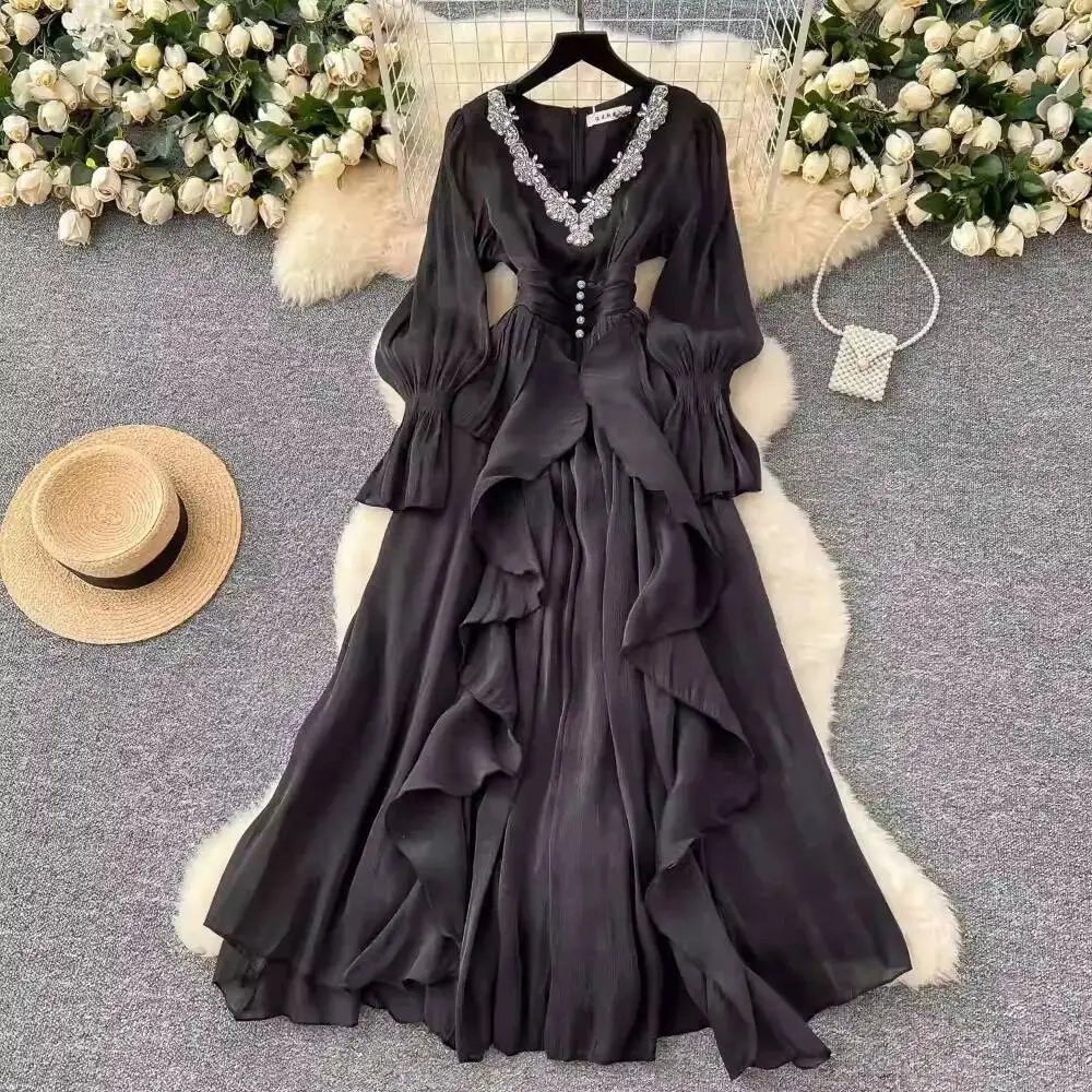 

BabYoung Korea Office Lady High French Style Mujer Elegant High-End Moda Heavy Dias Dress V Neck Slim Waist Court Robe