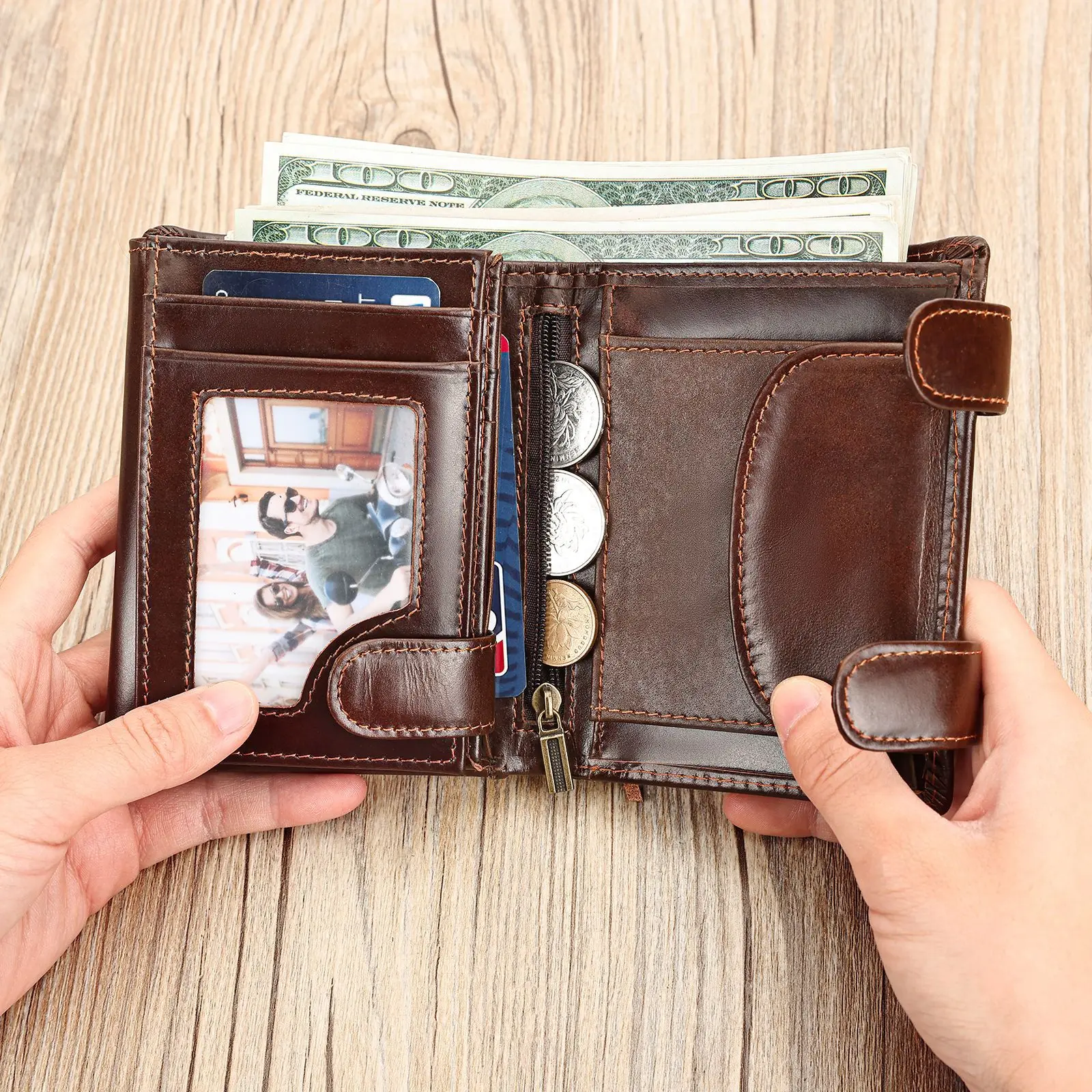 

Мужской кошелек из воловьей кожи с верхним слоем, большой кошелек из натуральной кожи с масляным воском, RFID-зажим для денег, трансграничный