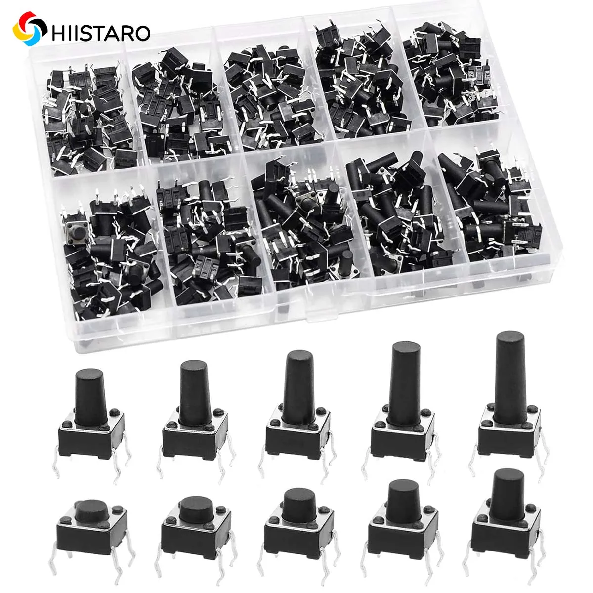 100Pcs 6x6mm Tactile Push Button Switch Assortment Kit, 9 Stem Heights 4Pin Vertical Momentary Micro Switches for Circuit Repair