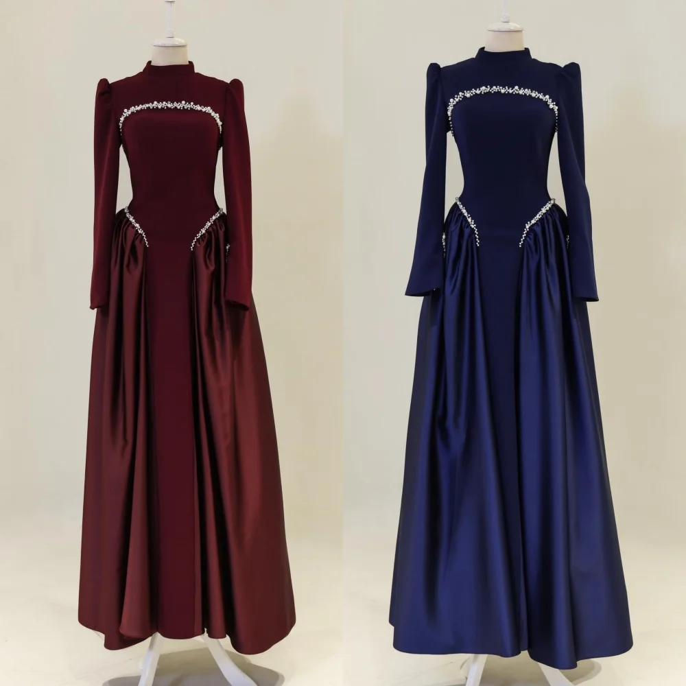 

Customized Elegant Retro Jersey Pleat Ruched Pearl Beading A-line High Collar Long Dresses Evening Dresses Sizes Available