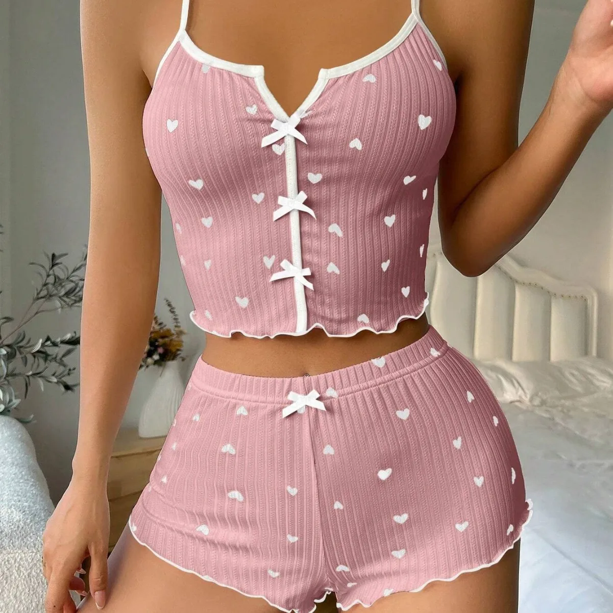 

2025 sexy women's cute pajamas with heart-shaped printed bow vest and shorts set, new pajamas soft and comfortable