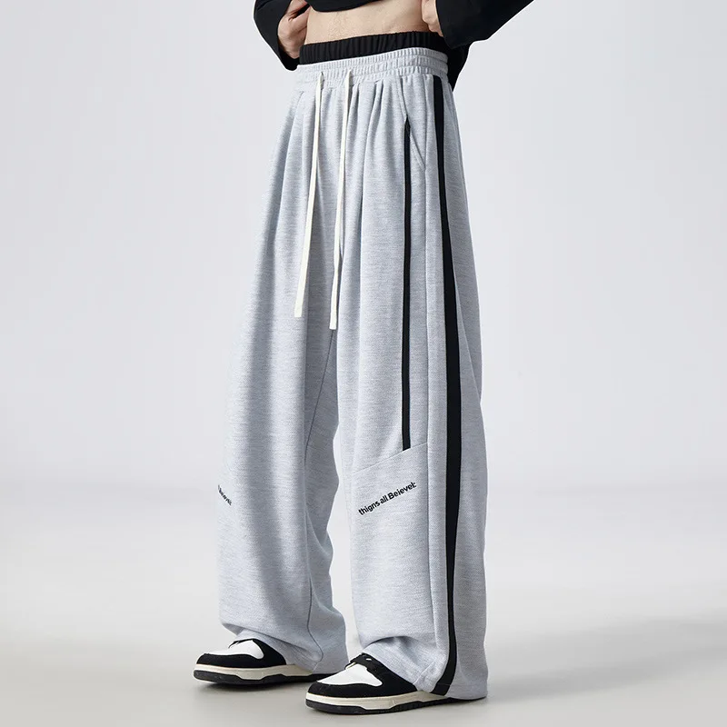 

Large Size Men's Casual Pants Double Waist Head Embroidery Wide Leg Straight Cut Fake Two-Piece Spor Trousers