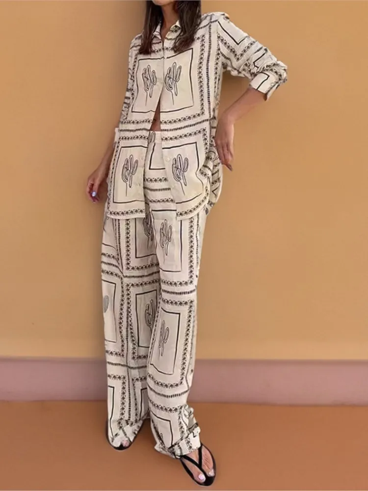

2025 New Printed Long-sleeved Shirt Wide-leg Pants Early Autumn Lazy Style Suit Fashionable Casual Cardigan Home Clothing Female