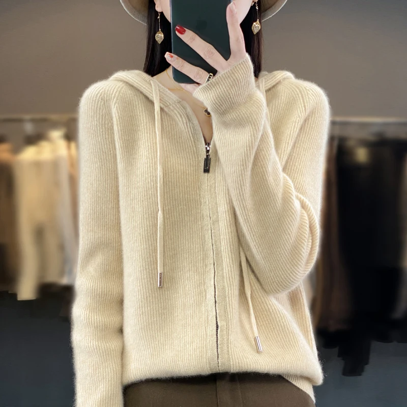 Autumn/Winter New 100% Merino Wool Clothing Women\'s Hooded Zipper Cardigan Casual Loose Knitted Underspool Jacket Korean Tops