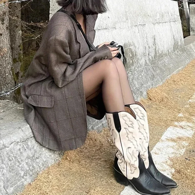 Embroidery Women Western Cowboy Boots Fashion Slip On Thick Heel Knight Long Booties Retro Style Autumn Winter Female Shoes