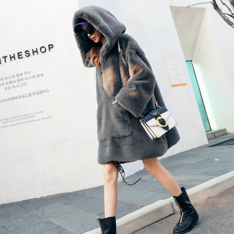 Winter Imitation Fur Pullover Sweater Jacket Women's Medium and Long Imitation Rabbit Fur Thickened Hooded Coat for Women