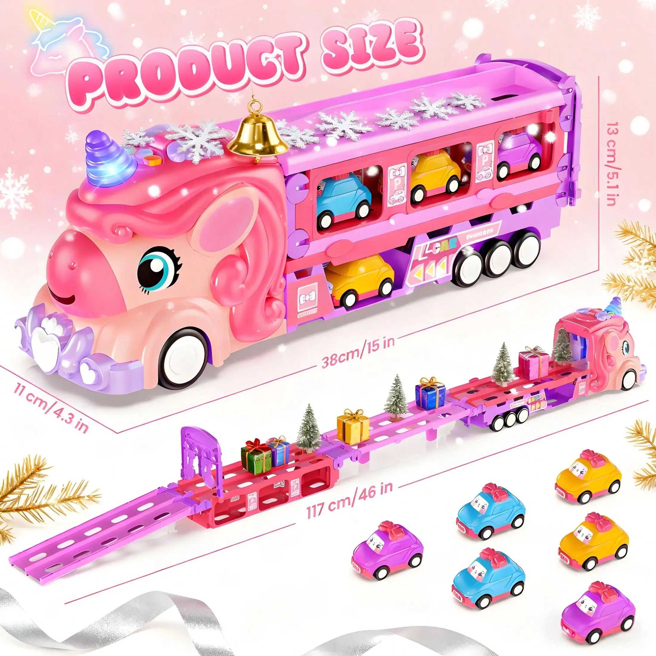 Unicorn Truck & Cars Toys With Lights & Sound,Friction-Powered Toys With 6 Cars & 2-Player Fold Out Track,Best Birthday Gift For 4 5 6 7 Year Old Girls For Christmas