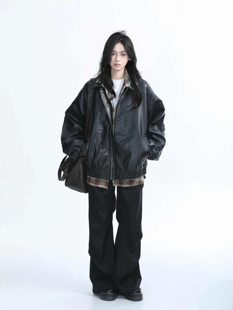Marrom estilo coreano longo jaqueta de couro feminino vintage casual solto moto jaqueta de couro feminino 2025 outono streetwear moda casaco