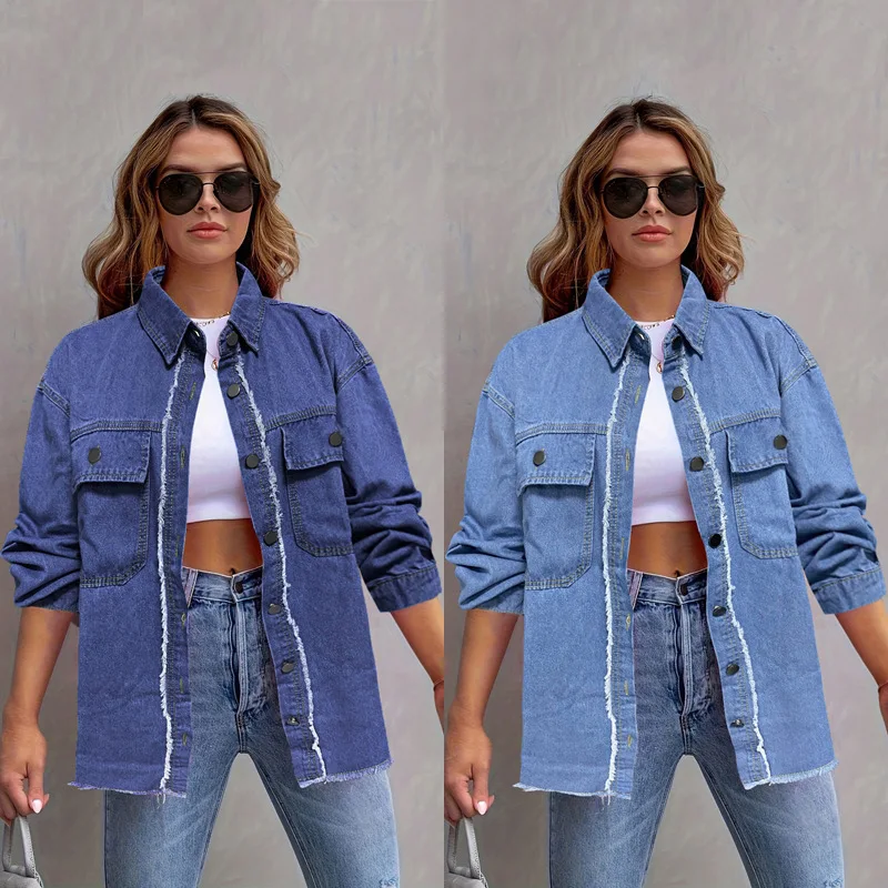 

Denim Jacket Women Coat Single Breasted Turn Down Collar Pockets Washed Distressed Streetwear Female Autumn Top Outerwear