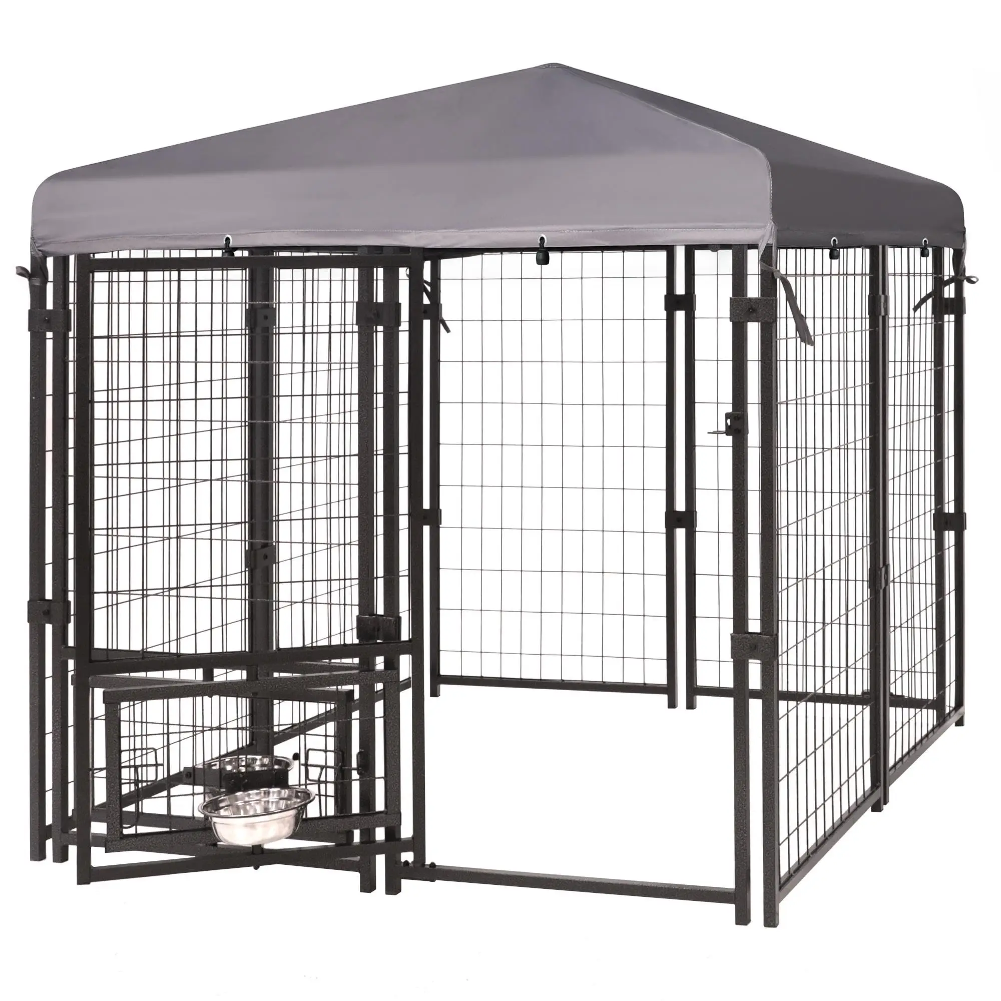 4.5x4.5 FT Metal Dog Kennel Outdoor with Roof and Rotating Feeding Doors Large Dog Enclosure Dog Playpen House Heavy Duty