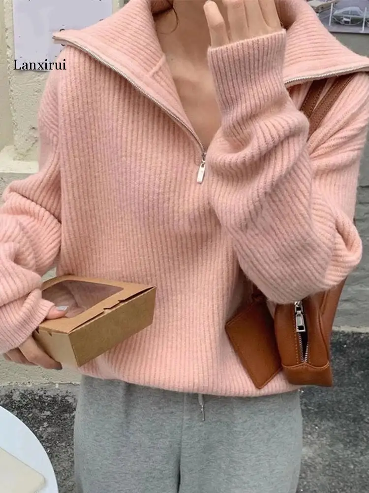 

Turtleneck Zipper Women's Sweater Thicken Knit Long Sleeve Loose Autumn Winter Jumper Female Pullovers Chic All-match Top