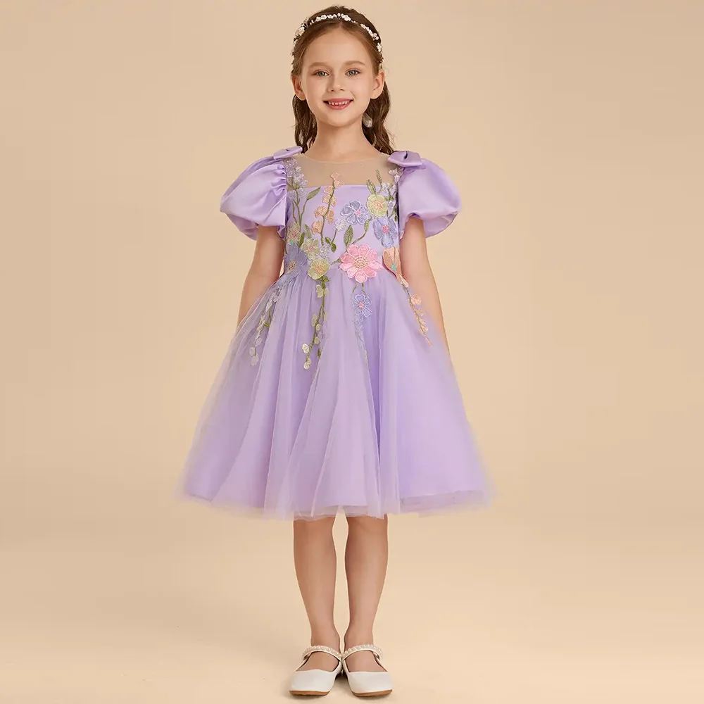 Customized Lavender Tulle Flower Girl Dresses Floral Embroidery Lace A-Line First Communion Dress Princess Birthday Party Gowns