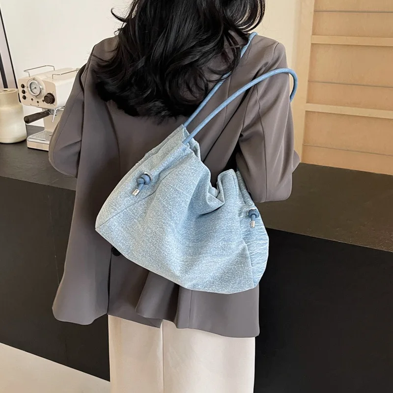 Women's Tote Bag Denim Casual 2024 New Versatile Solid Color Simple and Trendy Portable Fashion Fabric Shoulder Bag