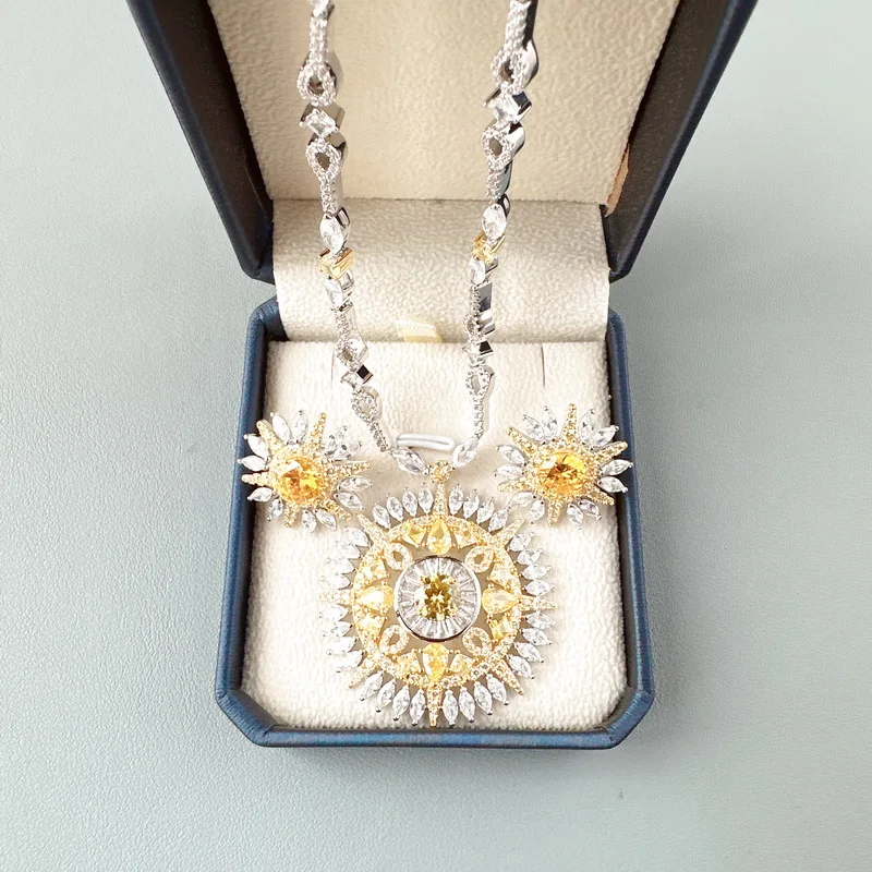 Europe America Fashion Style High-end Jewellery Women Lady Settings Yellow Cubic Zircon Sunflower Pendant Necklace Earrings