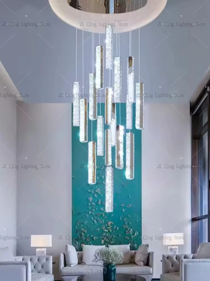 Modern Luxury LED Crystal Ceiling Lamp Nordic Style Villa Living Room Long Pendent Lamp Indoor Lighting Staircase Chandelier