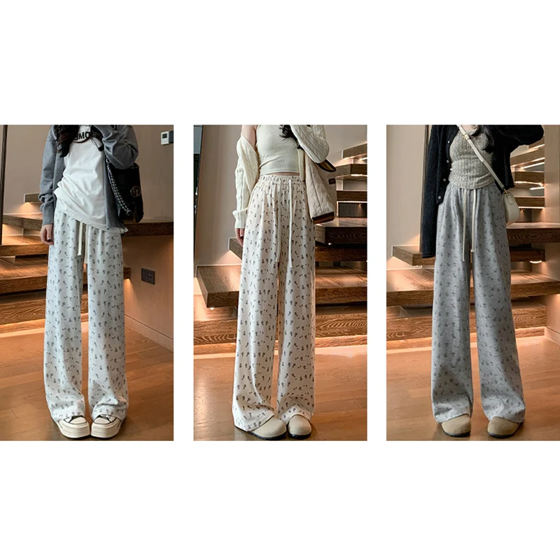 Cutecore-Calças femininas largas de cintura alta, grafismo floral, perna reta, calças femininas, calças especiais de férias, coreano