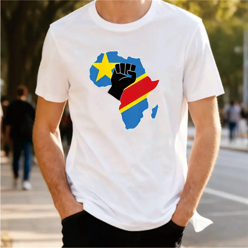 Democratic Republic of Congo Flag African Map Fist Print Short Sleeved T-shirt African Unity Theme Men's and Women's Loose  Top