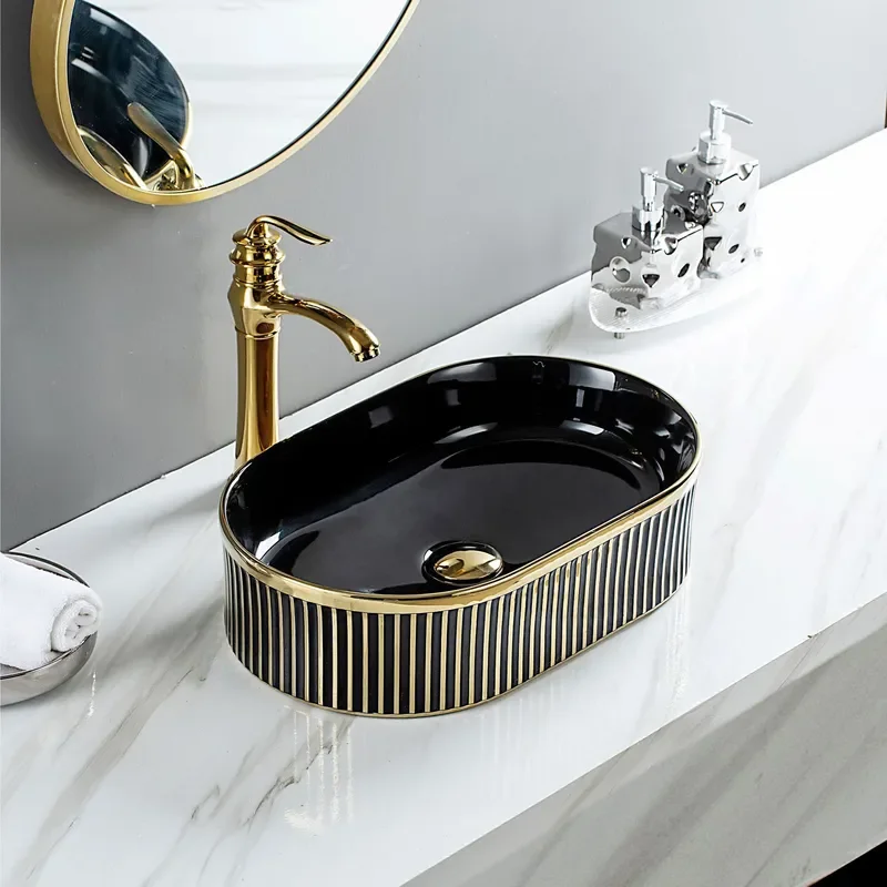 Luxury Gold Electroplated Ceramic Wash Basin Vertical Pattern Art Sink for Bathroom Modern Design Export Quality Home Decor