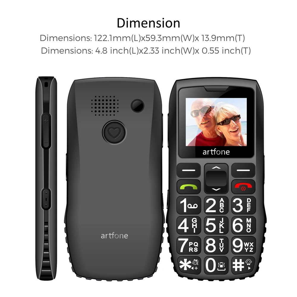 Artfone C1+ Bar Senior Mobile Phone With Free Charging Dock  Big Rubber Keypad  For Elderly Dual Sim One Key SOS FM 1400mAh