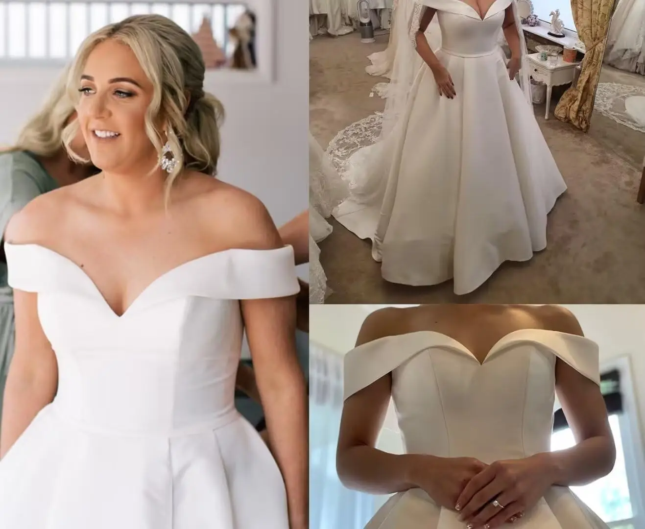 Abiti da sposa personalizzati con spalle scoperte Sweet A Line per la sposa con tasche Abiti da sposa lunghi in raso per le donne con strascico