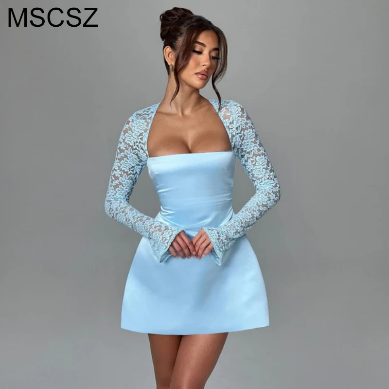 

MSCSZ Lace Long Sleeve Satin Dresses Woman Square Neck Backless Sexy Mini Dress Fit And Flare Short Gown Evening Dress