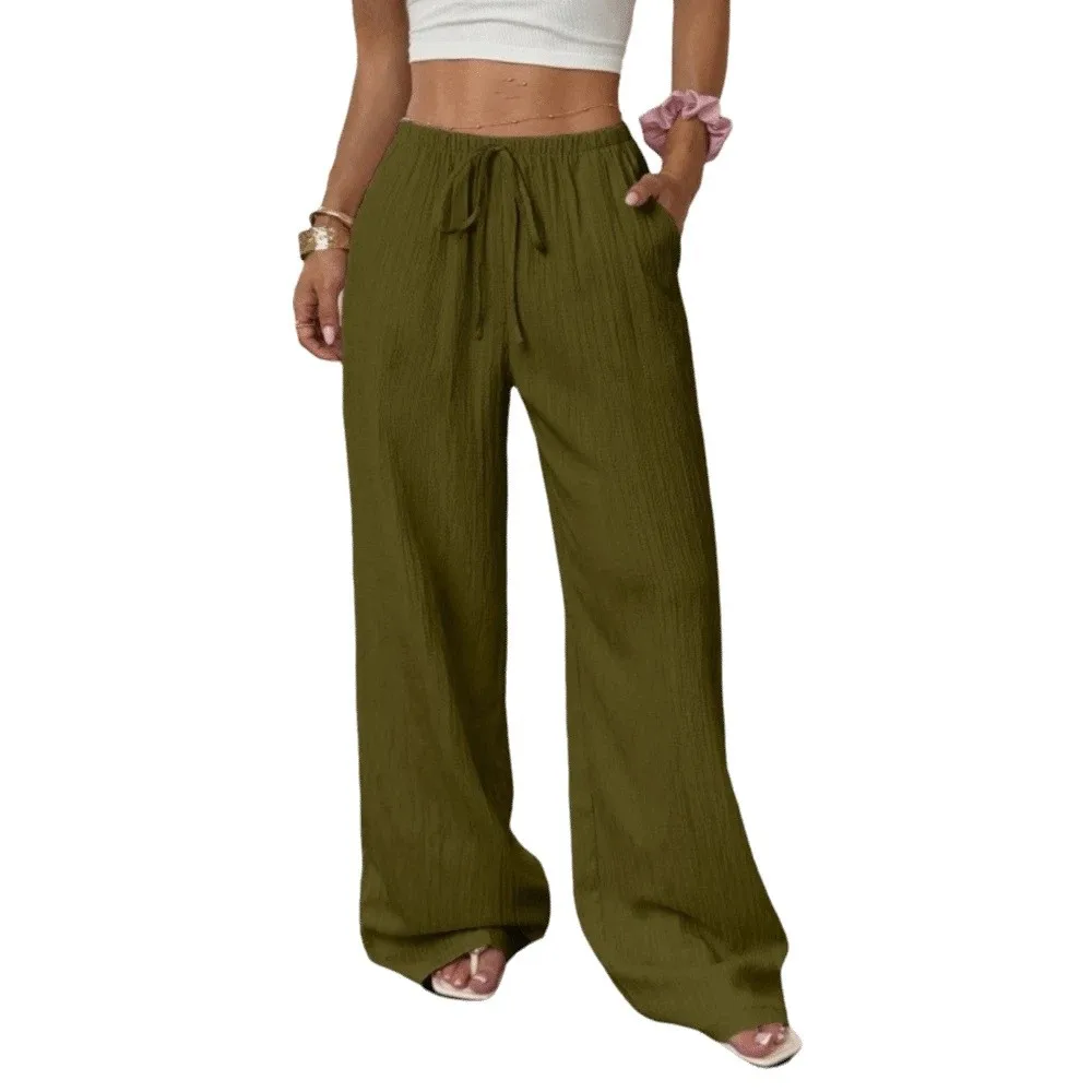 Fashion Lace-up Straight Leg Pants Side Pocket Drop Feeling Wide Leg Trousers Casual Wear Loose Floor Length Britches Beach