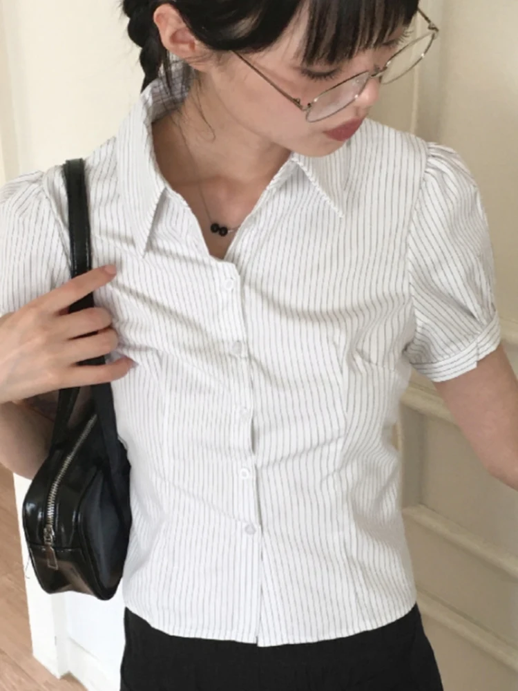 Retro japanisches Sle-gestreiftes Splice-Taillendesign Bubble Sve ort Sve irt für junge Mädchen Pendeln Sle Slim Fit Poly...