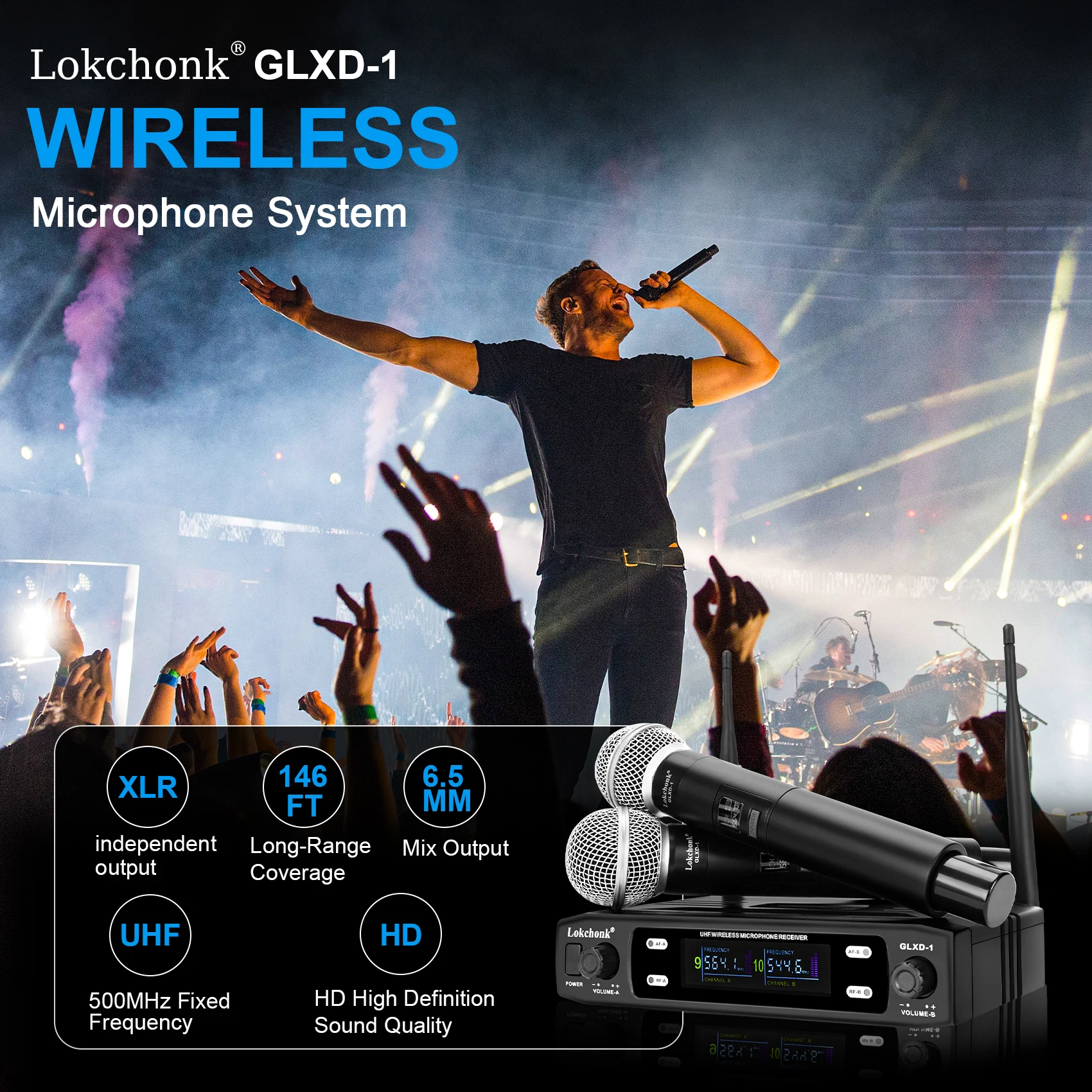 GLXD1 Professional Wireless Microphone System Dual Channel UHF Fixed Frequency Cordless Handheld Dynamic Mic For Karaoke Party