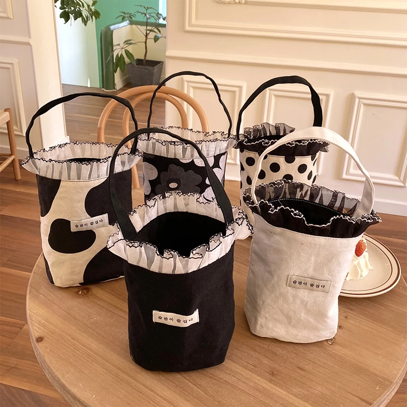 Korean Style Lace Canvas Handbag Cute Sweet Temperament Bucket Bags Portable Outing Picnic Bag For Women Girls Student Lunch Bag